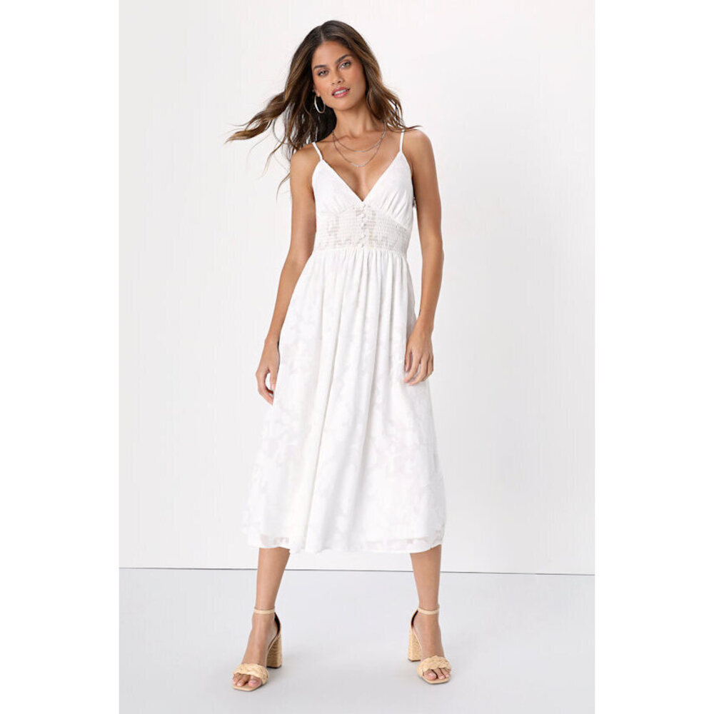 Lulus Came To Charm White Burnout Floral Burnout Midi Dress - Size M
